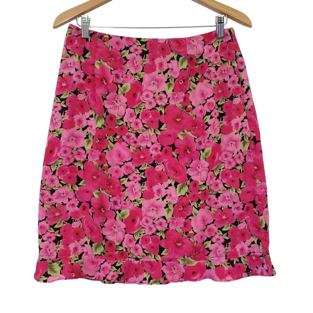 Vintage 90s‎ Floral Pink Skirl Size 12 Womens Rufffle Hem USA Cottagecore Grunge